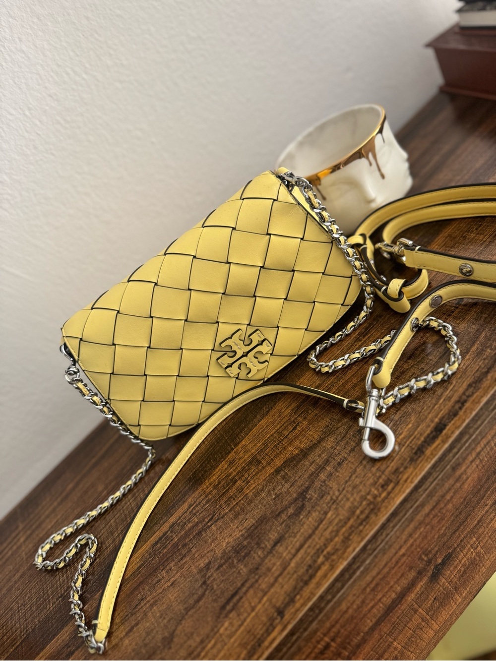 Tory Burch Yellow Woven Leather Chain Crossbody Bag